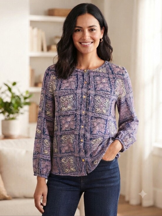 Anthropologie Tops - Anthropologie Medium Petite Lavender and Navy Paisley Button-Front Blouse